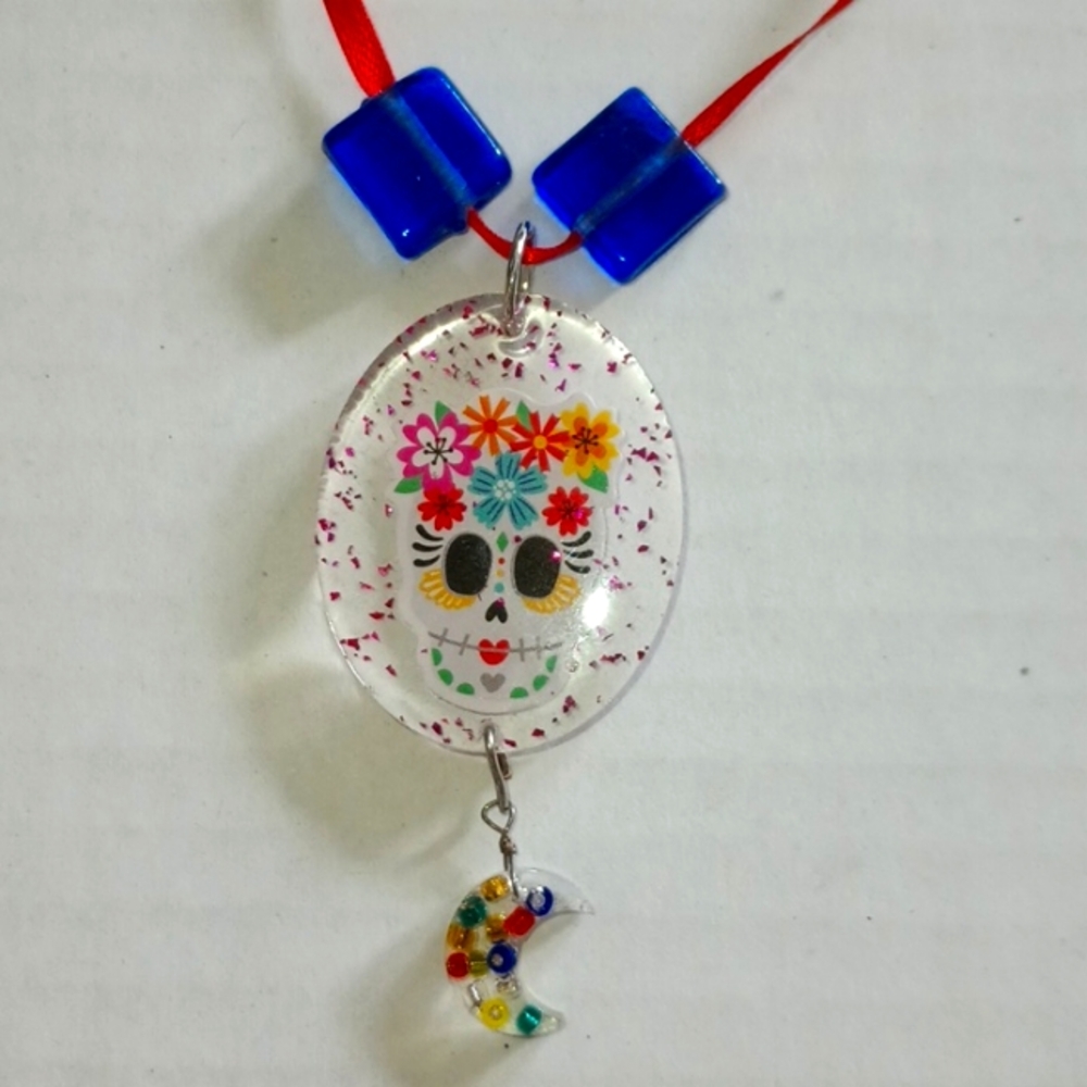 Cute Handmade Resin Sugar Skull necklace red ribbon